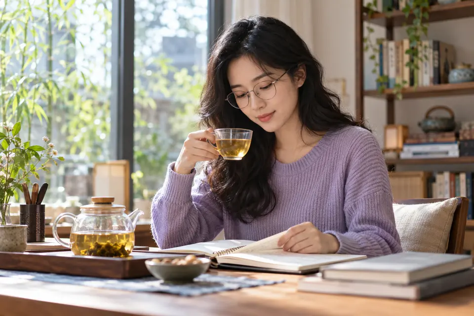 书桌上摆着玻璃茶杯与品饮记录本