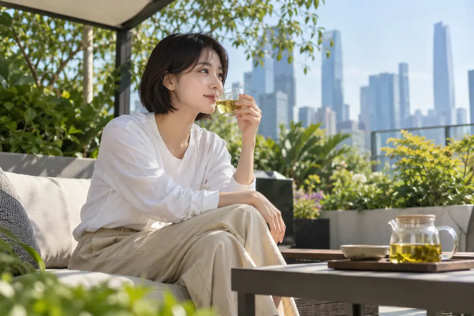 城市花园中，玻璃杯里的冷泡茶