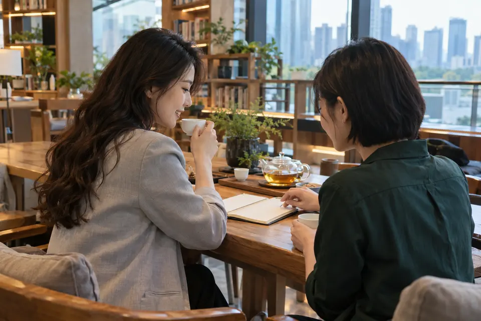 共享书房内，几位茶友围坐记录品饮感受